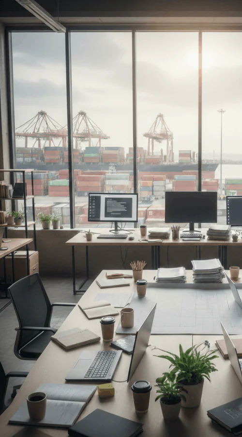 Uzyskanie statusu CBAM – przygotowanie procesu raportowania i zgodności | Kunstar Global Biuro logistyczne z dokumentami i komputerami na tle terminalu kontenerowego, symbolizujące organizację danych, procedur i przygotowanie do uzyskania statusu CBAM.