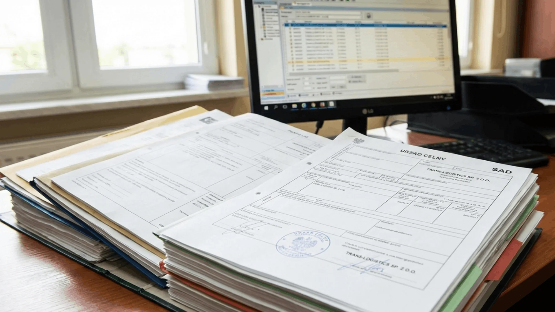 Przedstawiciel pośredni CBAM – weryfikacja dokumentów celnych i danych importowych | Kunstar Global Stos dokumentów celnych SAD na biurku obok komputera z systemem obsługi zgłoszeń, ilustrujący pracę przedstawiciela pośredniego CBAM przy weryfikacji importu i zgodności.