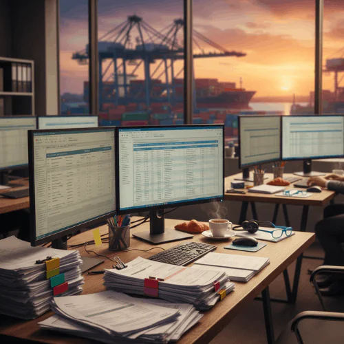 Biuro logistyczne z monitorami i dokumentami, w tle terminal kontenerowy o zachodzie słońca – przygotowanie danych do Intrastat przy transferze własnych towarów w UE.